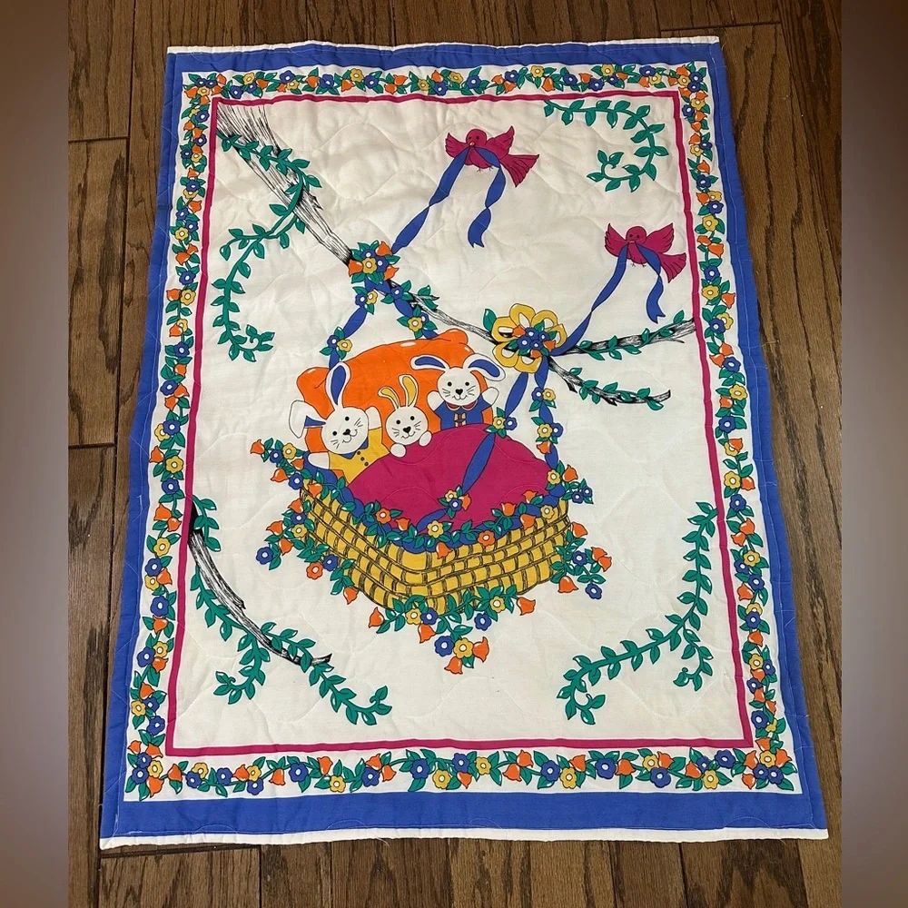 Vintage 80s 90s Baby Quilt 3 Bunnies in a Basket 31x41” Stains See Pictures